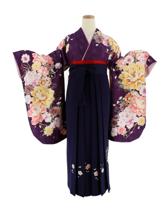 卒業式袴レンタルNo.697[Lサイズ][大人かわいい]紫・黄ピンク牡丹桜・組紐